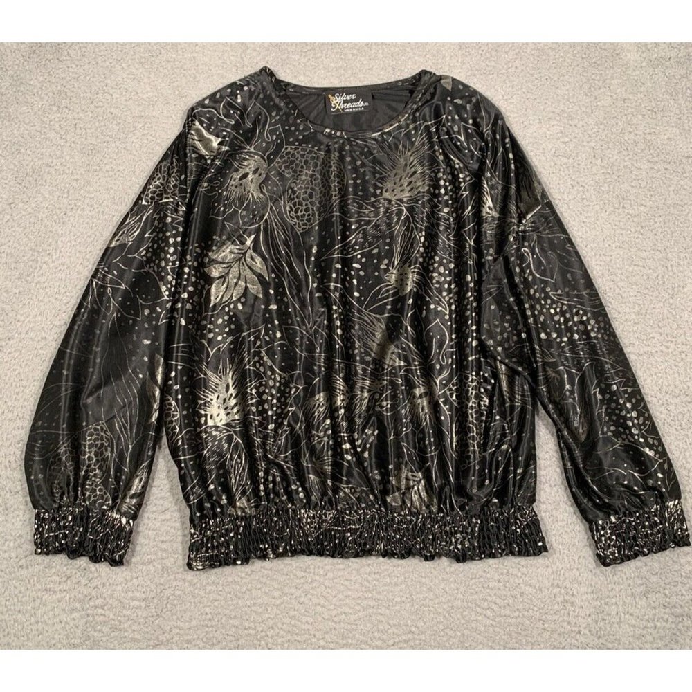 Vintage Silver Threads Blouse Black Leaf Print Gathered Medium M‎ Whimsigoth USA